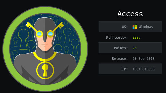 HTB Access machine info card: Windows, Easy difficulty, 20 points