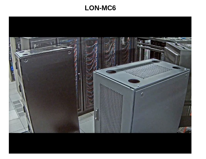 Security camera snapshot of a server room labeled LON-MC6