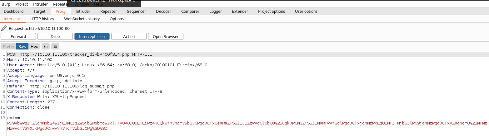 Burp Suite intercepted POST request with base64-encoded data