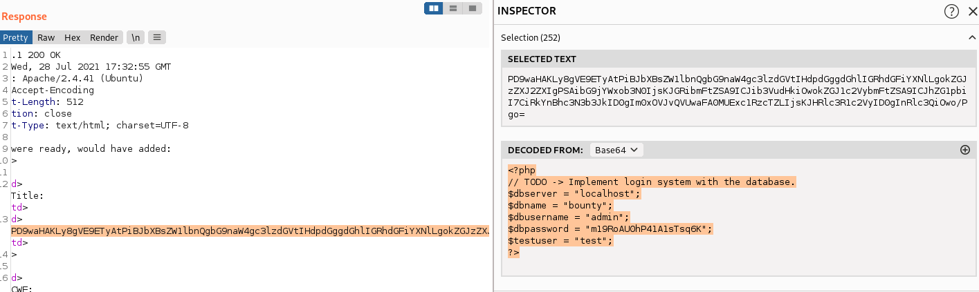 Decoded db.php source revealing database credentials