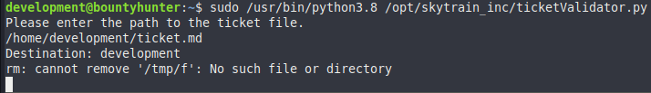 Terminal output of the ticket exploit triggering the reverse-shell command
