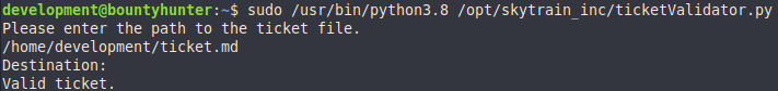 Terminal output of the ticketValidator script accepting a valid ticket