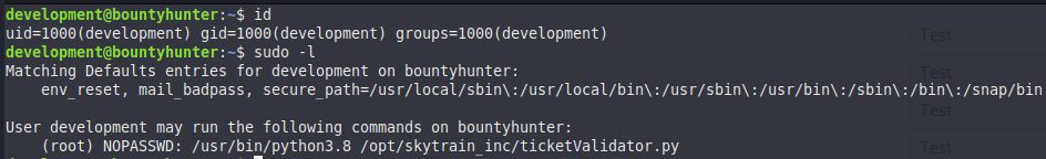Terminal output of sudo -l showing ticketValidator.py runnable as root