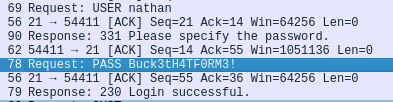 Wireshark capture revealing plaintext FTP username and password