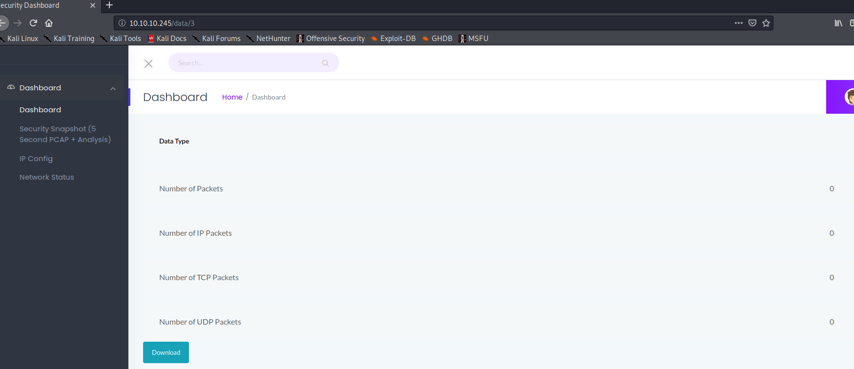 Security dashboard showing zero captured network packets