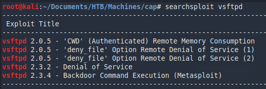 Searchsploit results listing vsftpd exploits