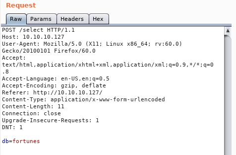 Burp request showing the db=fortunes parameter