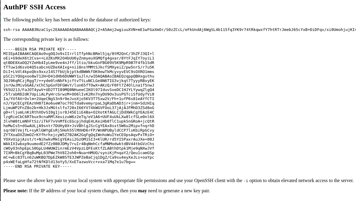 AuthPF page showing generated SSH key pair
