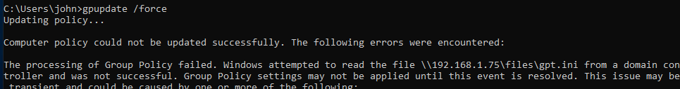 gpupdate /force failing to read the redirected GPO