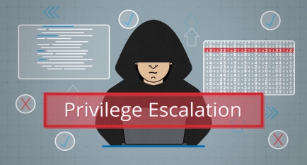 Illustration titled Privilege Escalation of a hooded figure at a laptop