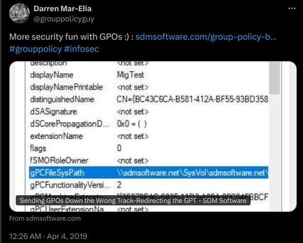 Darren Mar-Elia tweet about redirecting GPOs