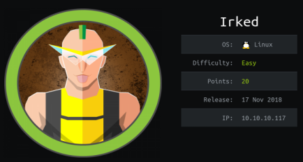 HTB Irked machine info card: Linux, Easy difficulty, 20 points