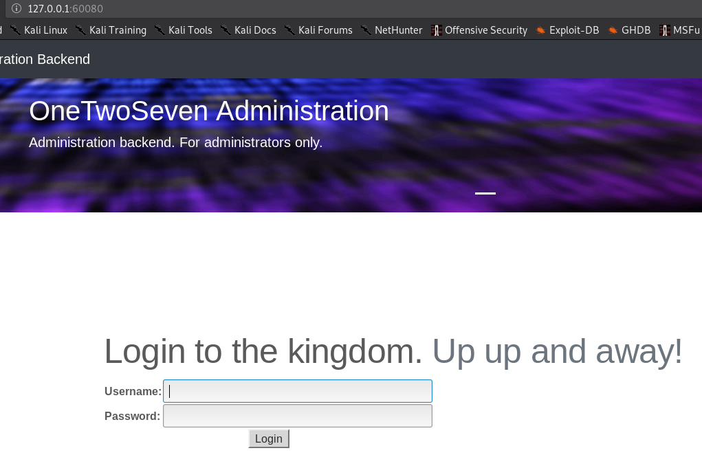 OneTwoSeven administration backend login page