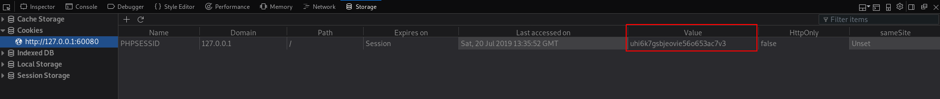 Firefox storage inspector showing PHPSESSID cookie value