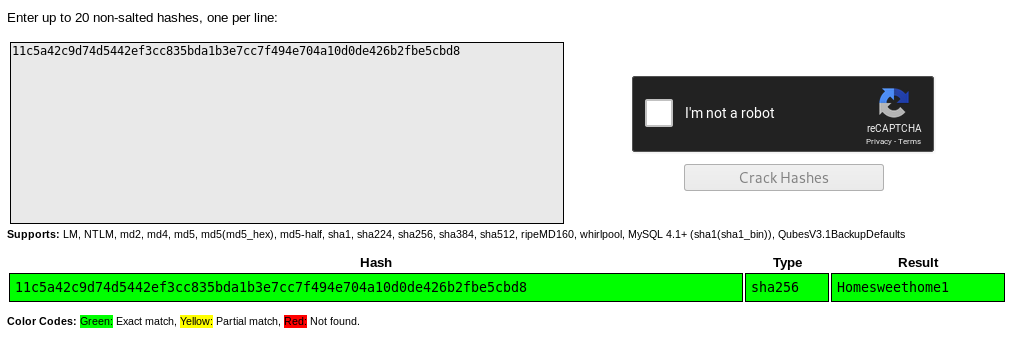 CrackStation cracking hash to reveal Homesweethome1 password