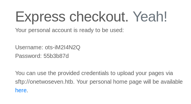Express checkout page showing generated SFTP credentials