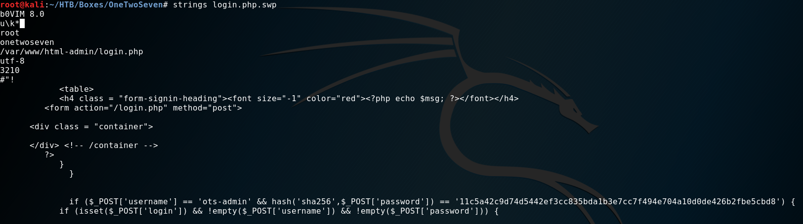 strings output revealing login.php SHA-256 password hash