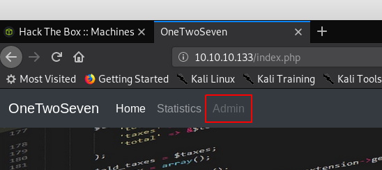 Browser nav bar with disabled Admin link highlighted