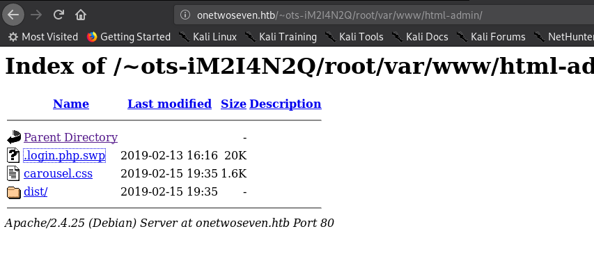 Directory listing revealing login.php.swp file