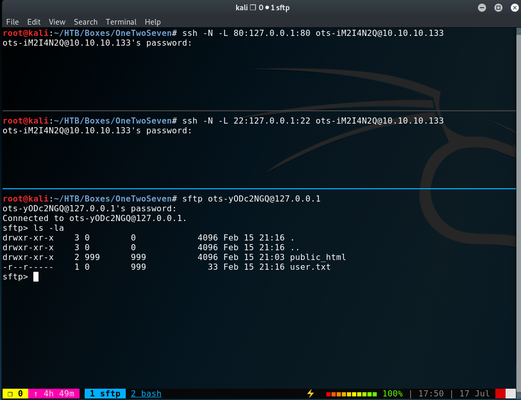 SFTP directory listing revealing user.txt file