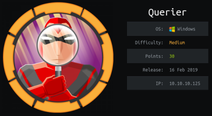 HTB Querier machine info card: Windows, Medium difficulty, 30 points