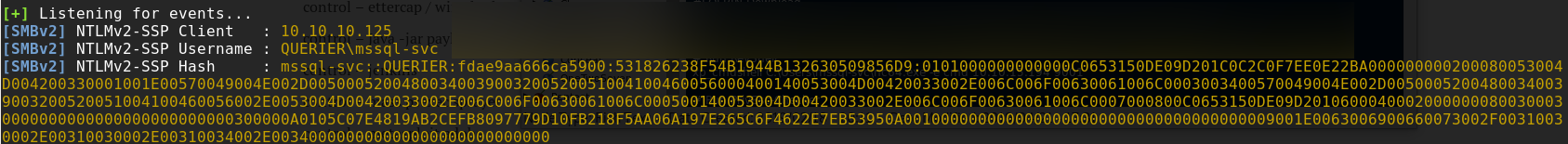 Responder capturing NTLMv2-SSP hash for mssql-svc