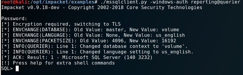 mssqlclient.py connected to SQL Server as reporting user