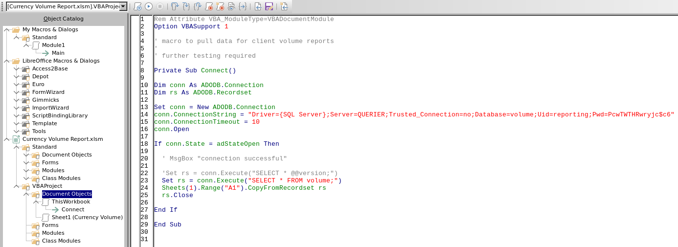 VBA macro code containing SQL connection credentials