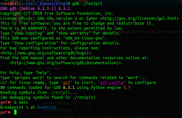 GDB with GEF loaded and breakpoint set at main