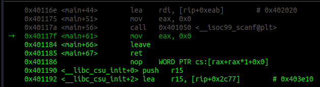Disassembly of main about to execute leave and ret