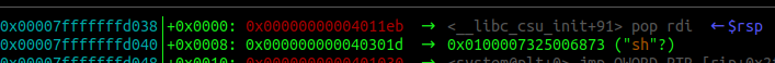Stack showing pop rdi gadget then address of ‘sh’