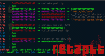 Debugger register dump with the ret2plt technique name overlaid