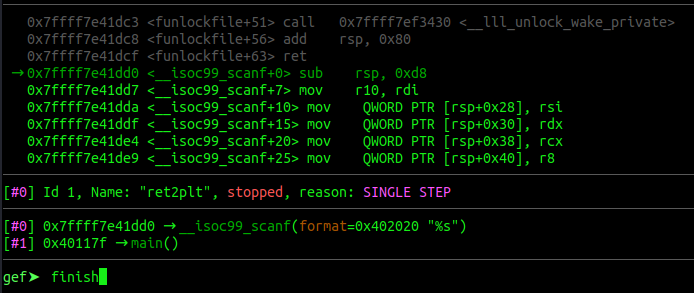 GEF disassembly stepping through scanf before finish