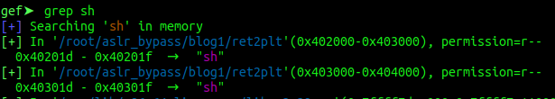GDB grep results showing two ‘sh’ string addresses