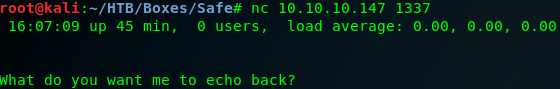 Netcat connected to port 1337 showing the echo prompt