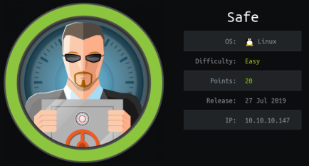 HTB Safe machine info card: Linux, Easy difficulty, 20 points