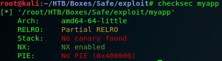 checksec output showing NX enabled, no canary, no PIE