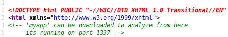 HTML source comment revealing the myapp download and port 1337