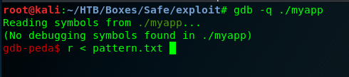 gdb-peda loading myapp with the pattern file