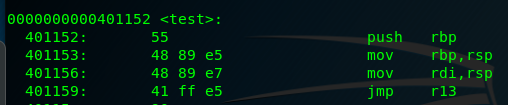 Disassembly of test() highlighting the jmp r13 instruction