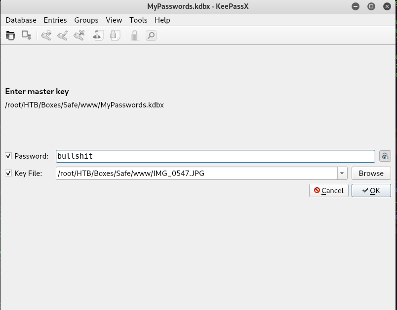 KeePassX master key dialog with password and keyfile