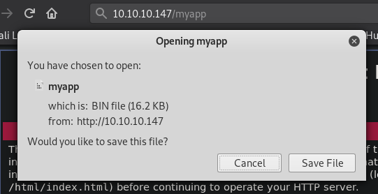 Browser dialog downloading the myapp binary