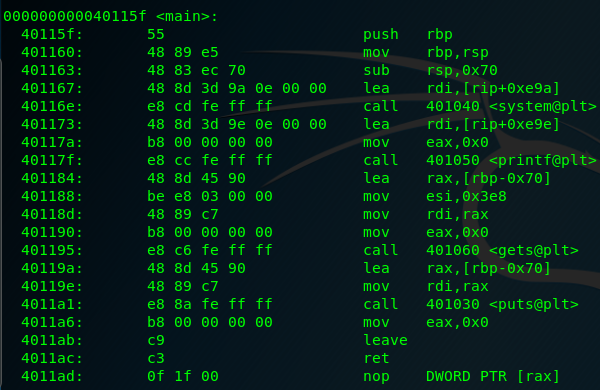 objdump disassembly of the main() function