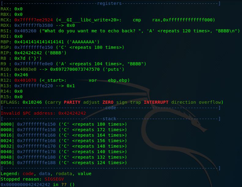 gdb-peda register dump showing RIP overwritten with 0x42424242